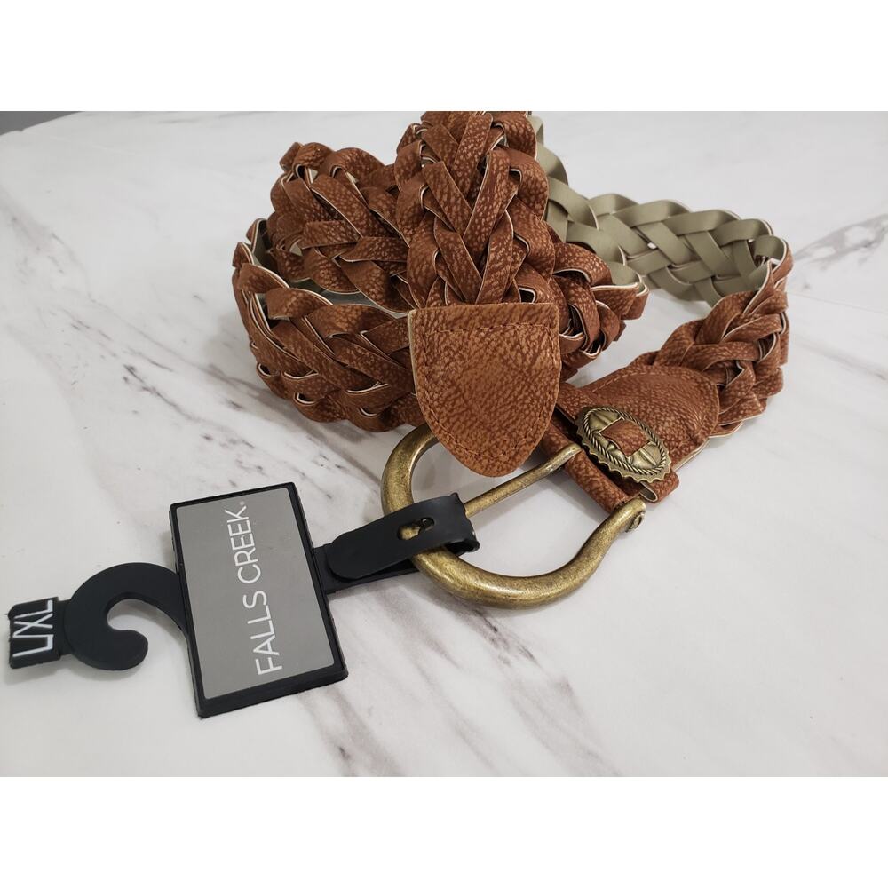 NEW FALLS CREEK WESTERN FAUX LEATHER BRAIDED WOMENS BELT BROWN BRASS HARDWARE